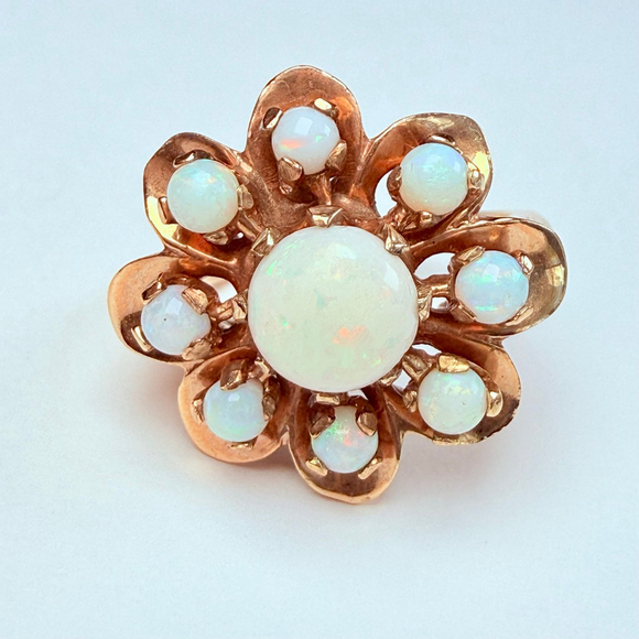 Estate 14K Solid Yellow Gold Australian Opal Vintage Atomic Retro Cocktail Ring - Picture 1 of 12